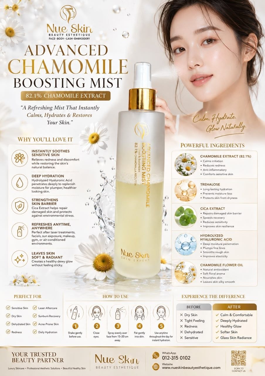 Nue Skin Advanced Chamomile Boosting Mist — 82.1% chamomile extract calming and hydrating facial mist with Cica and hyaluronic acid for sensitive skin