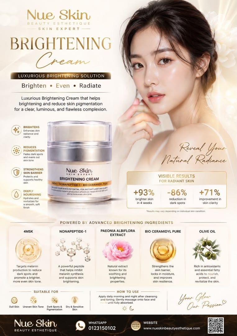 Nue Skin Brightening Cream — luxurious brightening solution with 4MSK, Nonapeptide-1 and Bio Ceramidyl Pure to fade dark spots and even skin tone for dull, uneven and pigmented skin