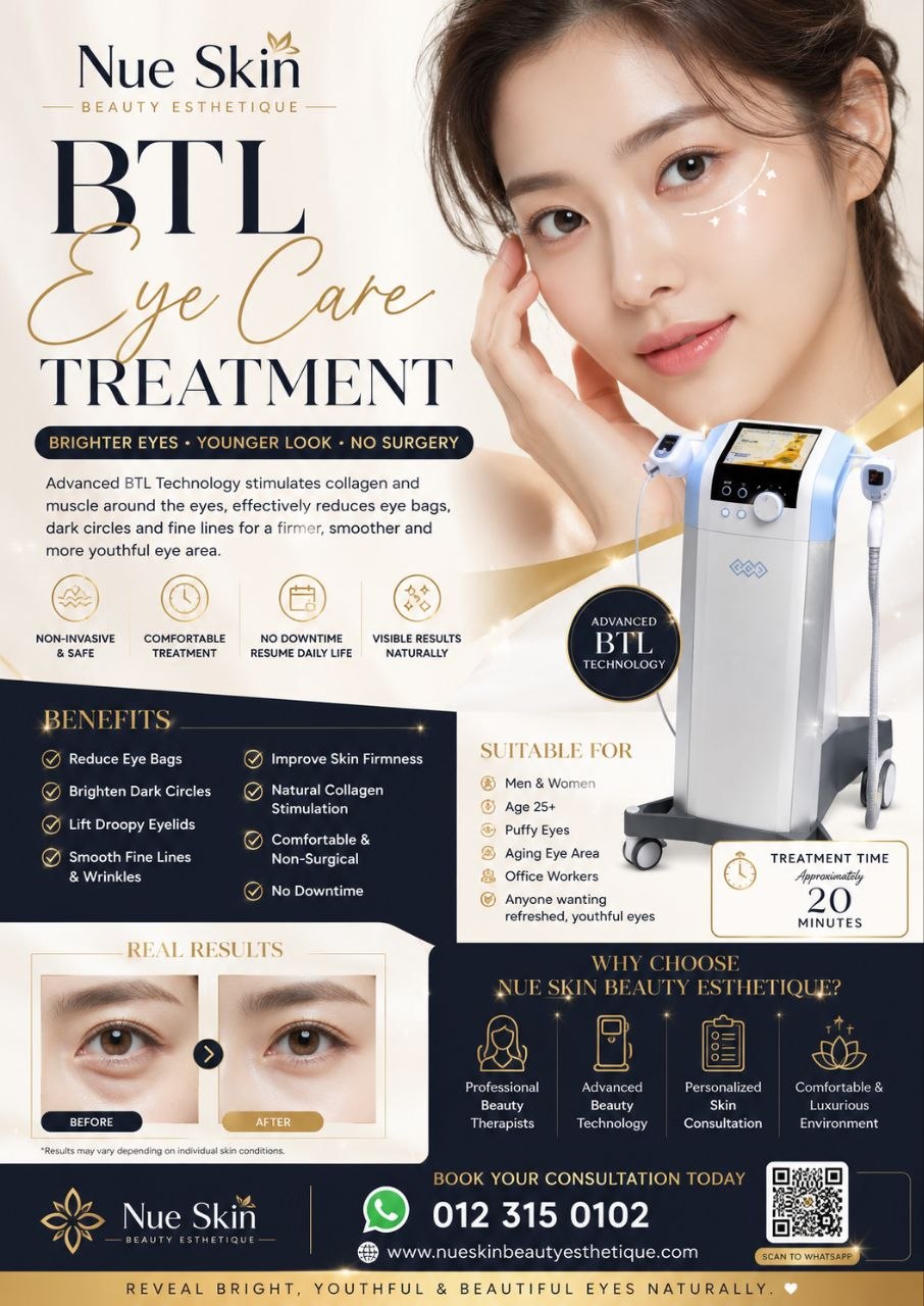 BTL Eye Care Treatment poster — brighter eyes, younger look, no surgery — BTL device with before and after results — Nue Skin Beauty Esthetique