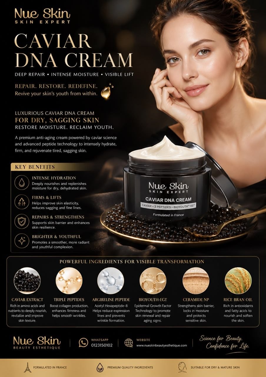 Nue Skin Caviar DNA Cream — premium anti-aging cream with caviar extract, triple peptides, Argireline and BioYouth-EGT that hydrates, firms and lifts dry, sagging and mature skin, formulated in France