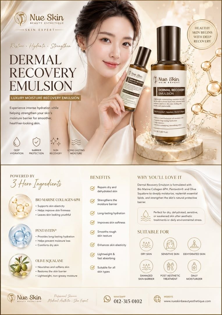 Nue Skin Dermal Recovery Emulsion — luxury moisture recovery emulsion with Bio Marine Collagen 6PH, Pentavitin and Olive Squalane for dry, dehydrated, sensitive skin and post aesthetic treatment recovery