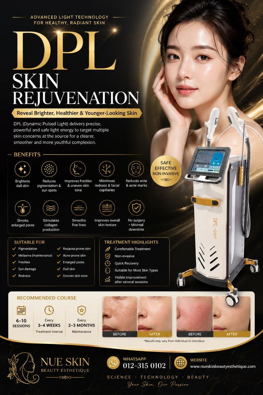 Nue Skin DPL Skin Rejuvenation promotional poster — Dynamic Pulsed Light brightening that reduces pigmentation, shrinks pores and smooths fine lines, with before-and-after results / DPL 亮肤焕活