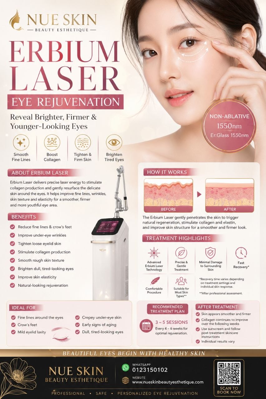 Erbium Laser Eye Rejuvenation Treatment poster — restore youthful, refreshed eyes with advanced Erbium Laser technology — Nue Skin Beauty Esthetique