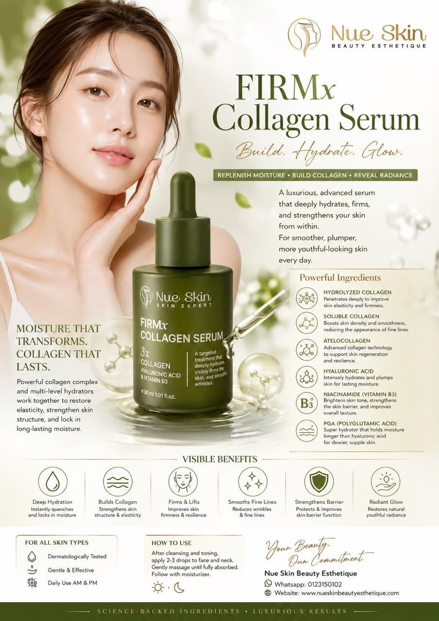 Nue Skin FIRMx Collagen Serum — 3x collagen firming serum with Hydrolyzed, Soluble and Atelocollagen, Hyaluronic Acid, Niacinamide and Polyglutamic Acid, 30ml