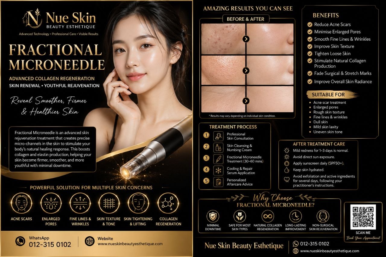 Nue Skin Fractional Microneedle promotional poster — radiofrequency micro-needling collagen regeneration for acne scars, enlarged pores, fine lines and skin laxity with before-and-after results / 微针射频胶原再生