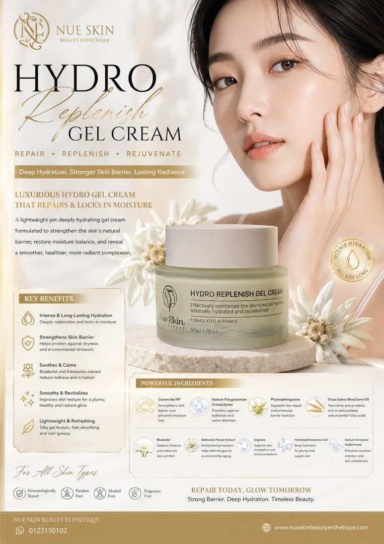 Nue Skin Hydro Replenish Gel Cream — luxurious hydro gel cream with Ceramide NP, Hydrolyzed Hyaluronic Acid and Edelweiss flower extract that repairs the skin barrier and locks in moisture, for all skin types, 50g