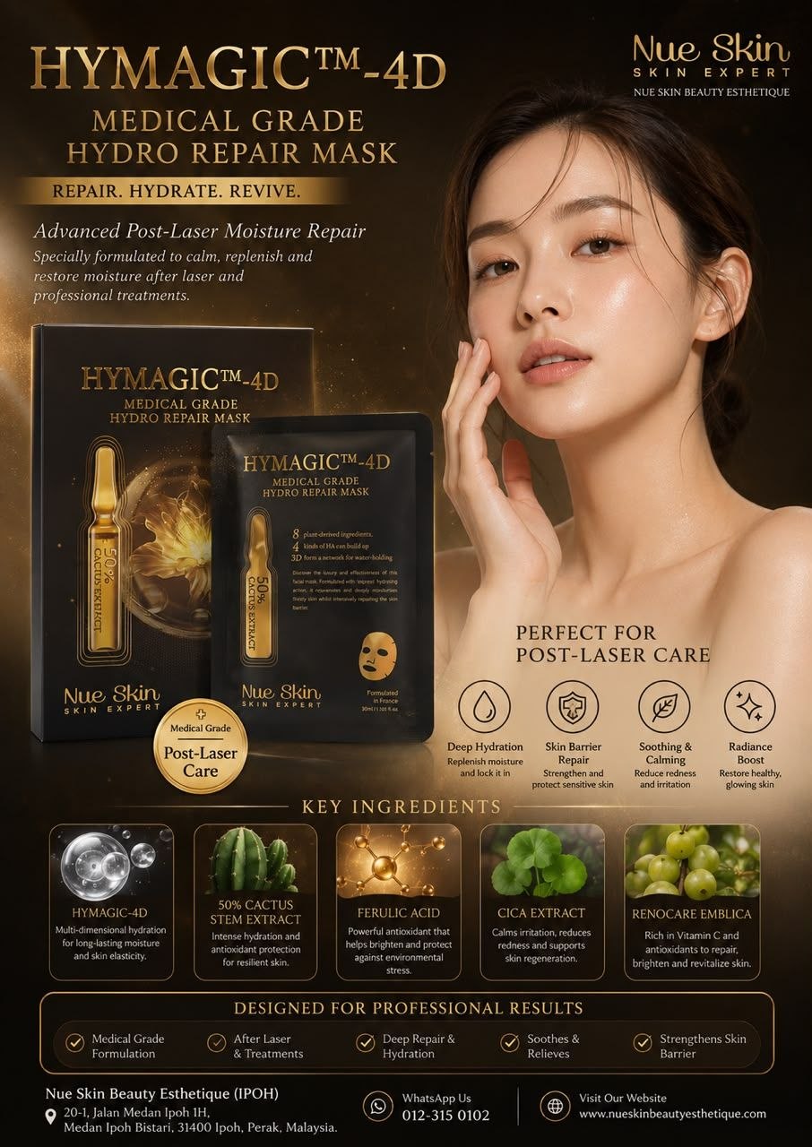 Nue Skin HYMAGIC-4D Medical Grade Hydro Repair Mask — advanced post-laser moisture repair with 50% cactus stem extract, ferulic acid, Cica and Renocare Emblica, formulated in France