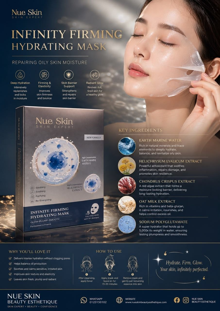 Nue Skin Infinity Firming Hydrating Mask — sheet mask with Earth Marine Water, Helichrysum Lyalicum, Chondrus Crispus, Oat Milk extract and Sodium Polyglutamate for deep hydration and firming on oily skin, 5 full face masks per box