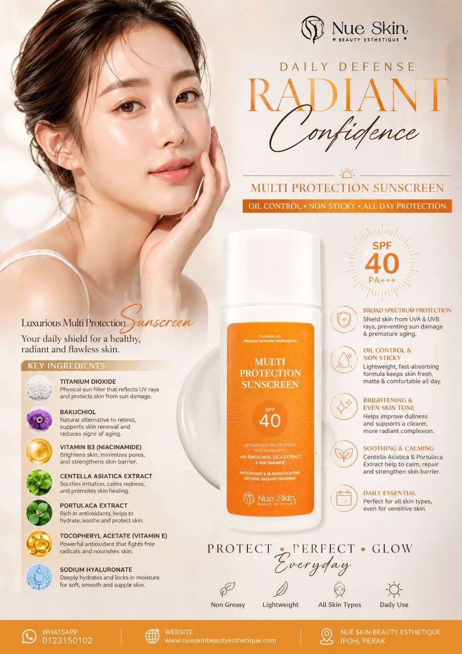 Nue Skin Daily Defense Multi Protection Sunscreen SPF 40 PA+++ — broad spectrum UVA and UVB protection with Titanium Dioxide, Bakuchiol, Niacinamide and Centella Asiatica, oil control and non-sticky, for all skin types including sensitive skin