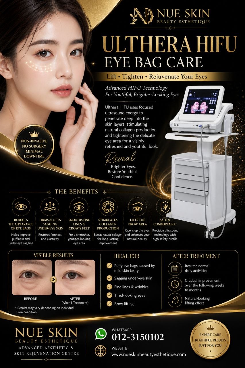 Ulthera HIFU Eye Bag Care poster — lift, tighten and rejuvenate your eyes with advanced HIFU technology and the Ulthera device — Nue Skin Beauty Esthetique